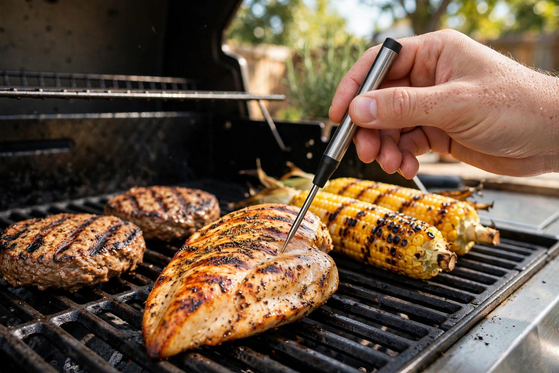 Instant-read thermometer checking a grilled chicken breast on a gas grill