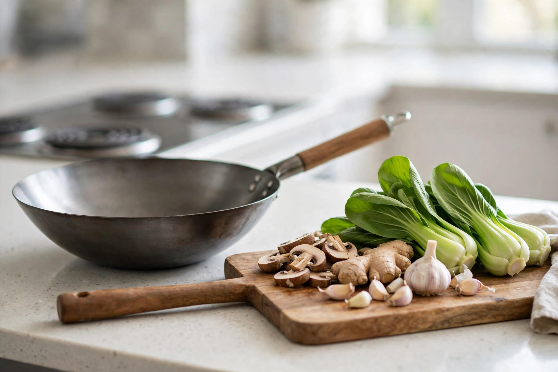 Empty flat-bottom wok on a counter beside fresh stir-fry ingredients and an electric stove