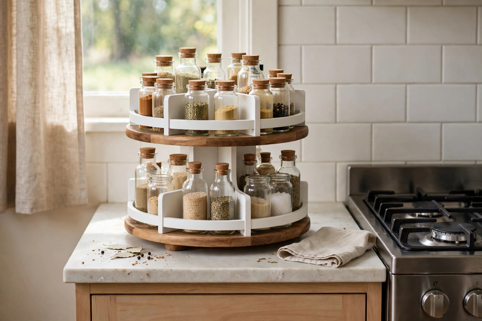 Best spice rack organizer: two-tier rotating turntable with spice jars on a small kitchen counter beside a stove