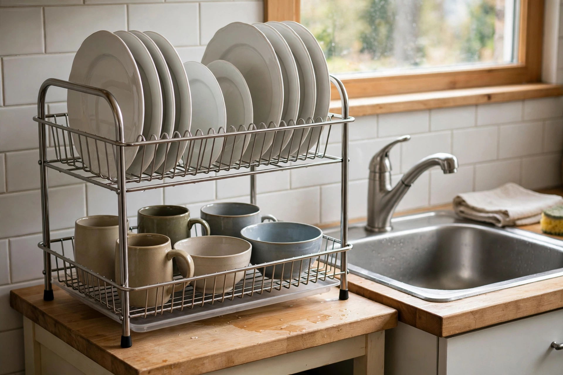 Two-tier stainless steel dish drying rack with plates on top and mugs and bowls below beside a sink