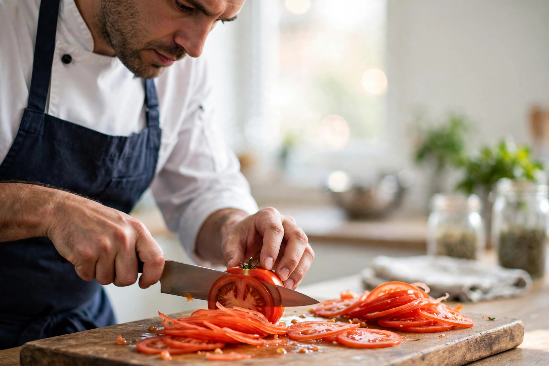 A chef slicing a ripe tomato with a razor-sharp knife kept sharp with one of the best knife sharpener picks.