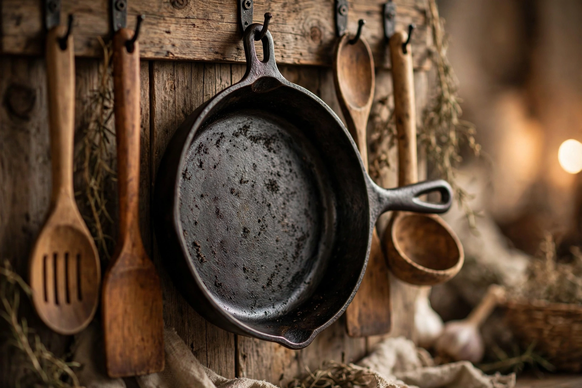 A seasoned best cast iron skillet hanging on a rustic kitchen wall