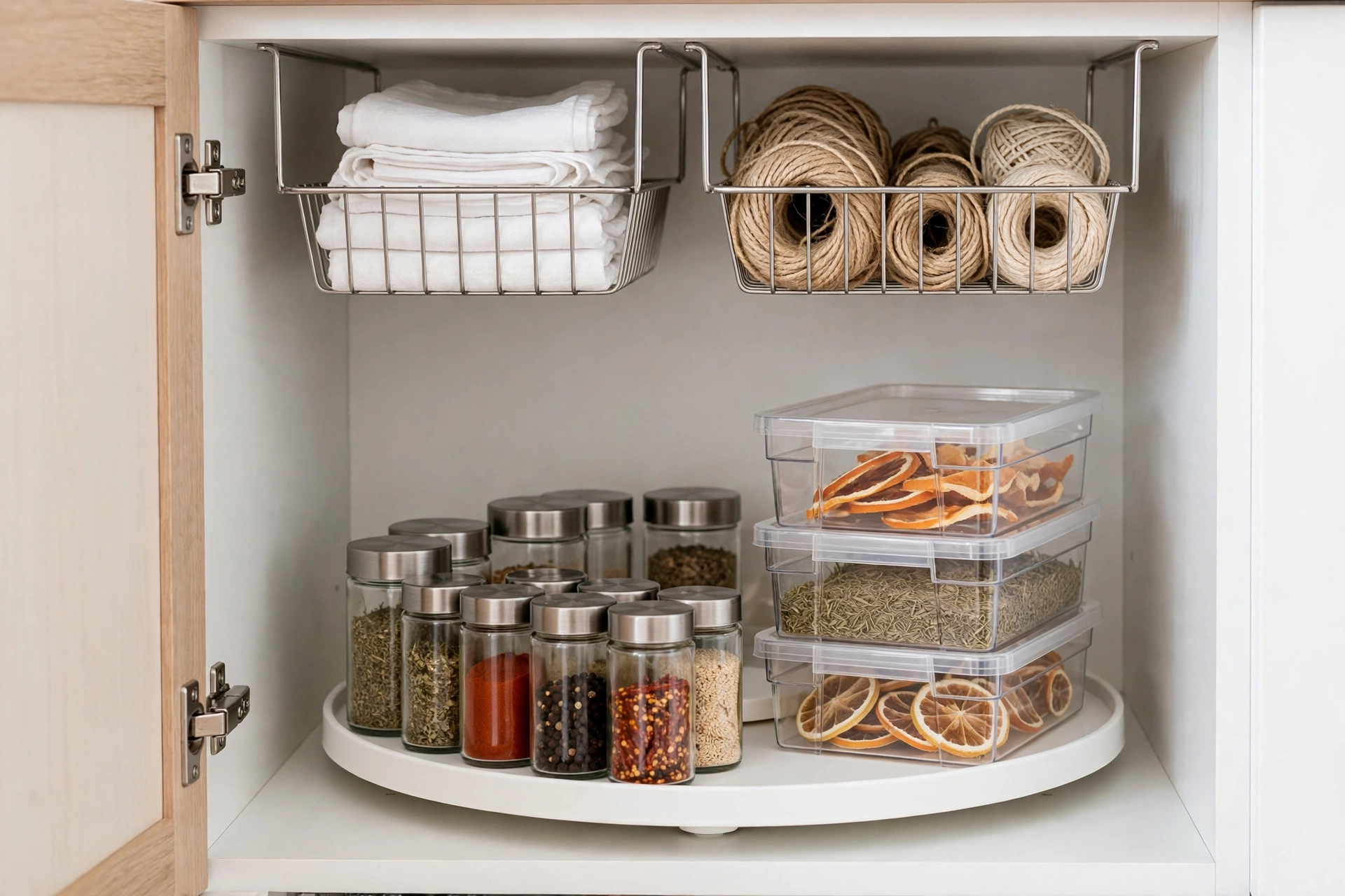Organized cabinet interior with turntable and clear bins, part of the best kitchen storage ideas for tiny apartments