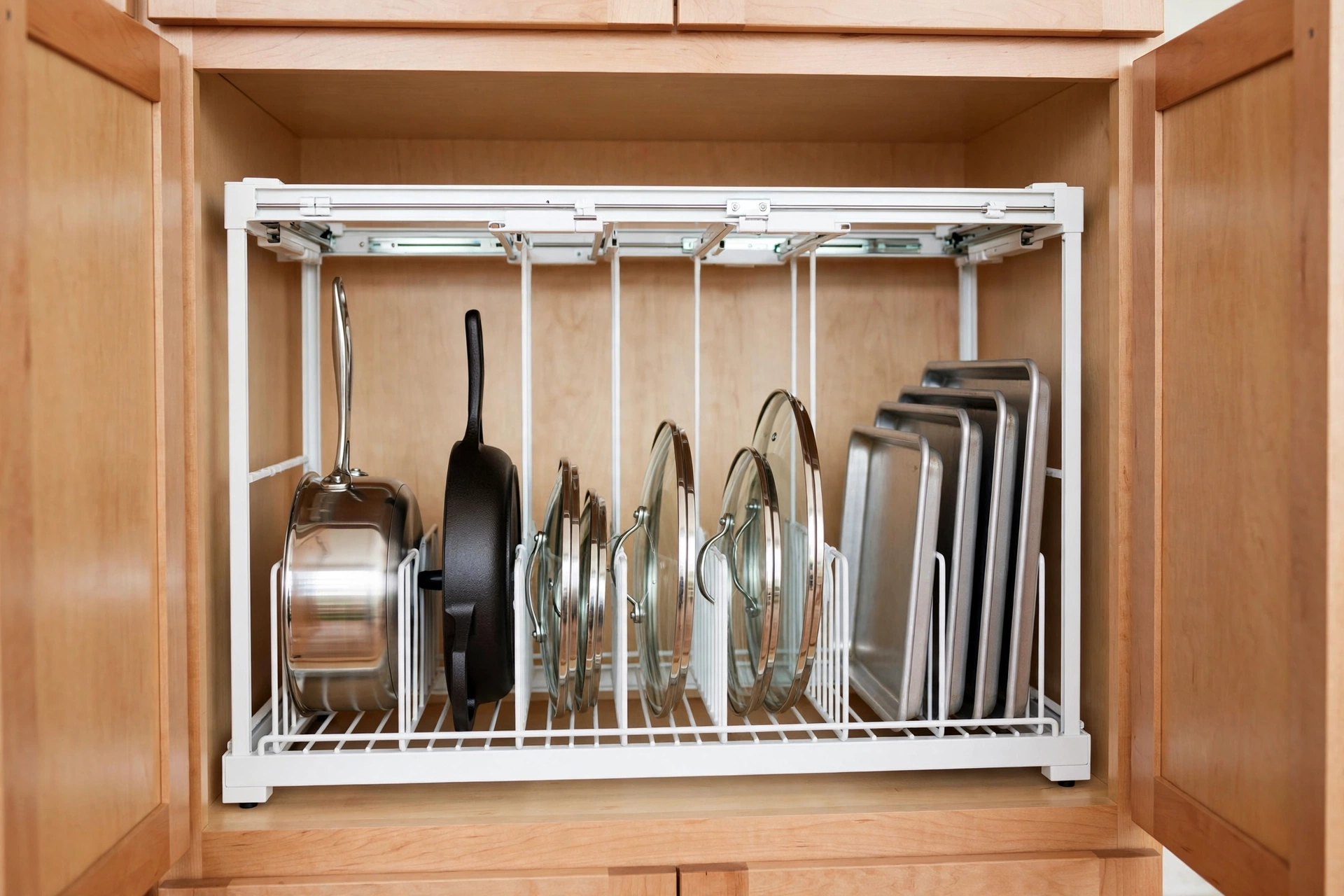 Expandable adjustable rack featured among the best pan organizer picks, organizing pots and lids inside a cabinet