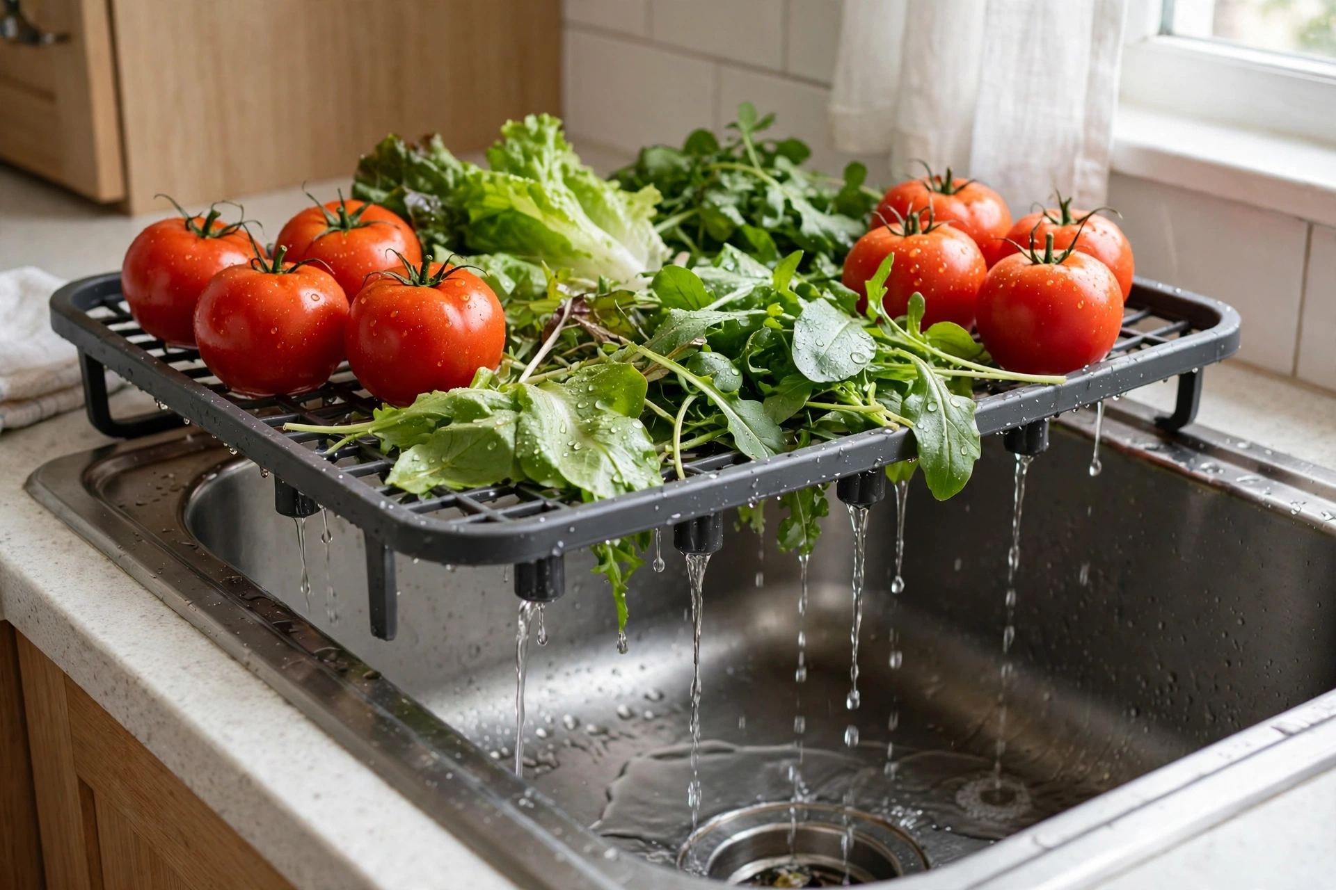 Vegetables draining on an over-the-sink rack in a small kitchen