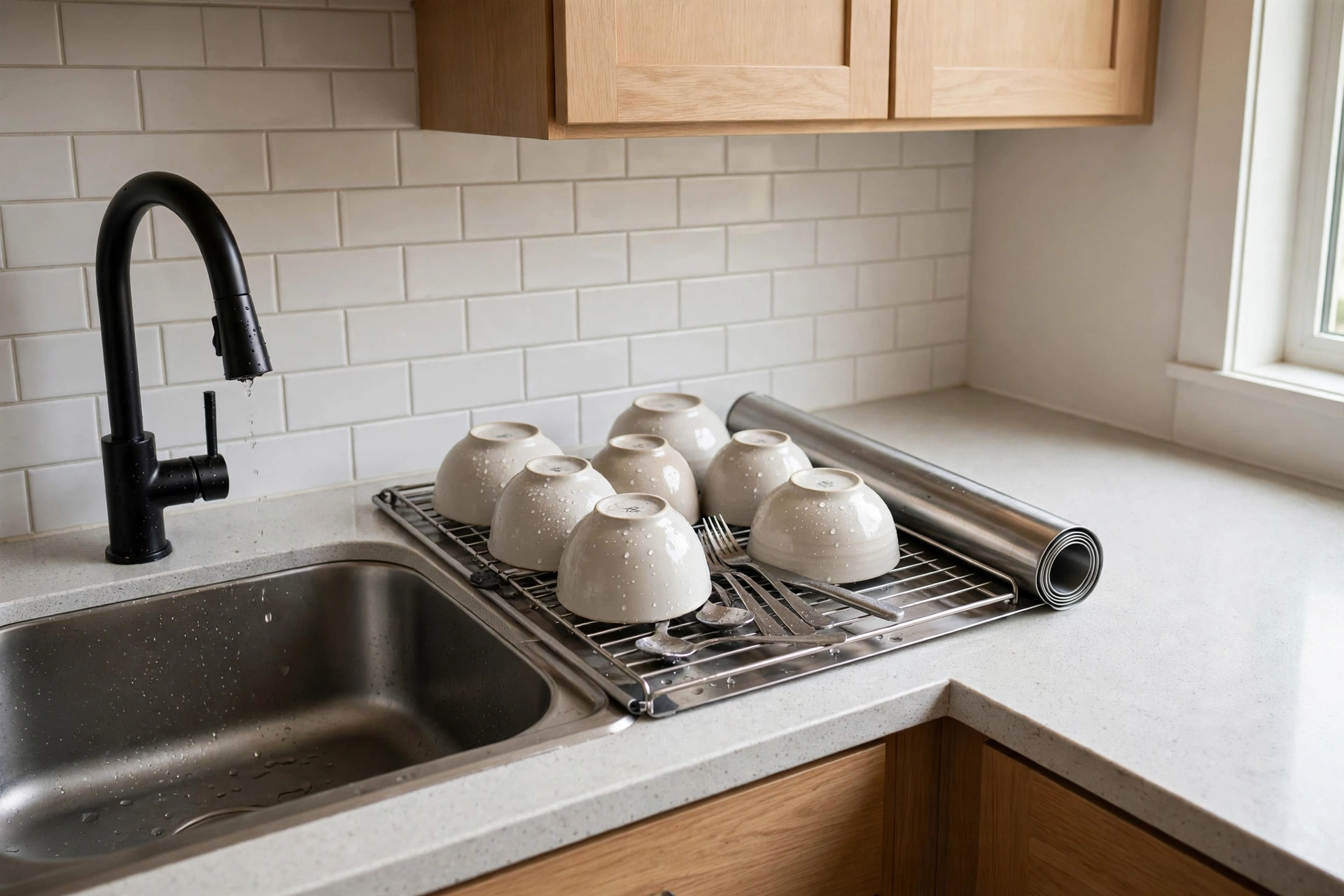 Roll-up dish rack over a sink with bowls and utensils draining