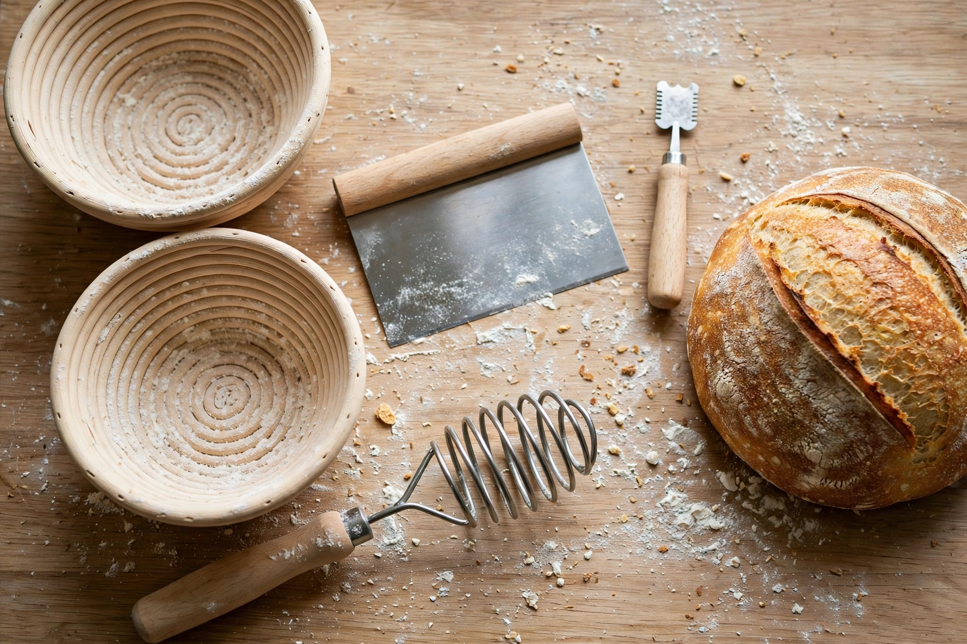 Sourdough proofing basket set with scraper, whisk and lame beside a baked loaf