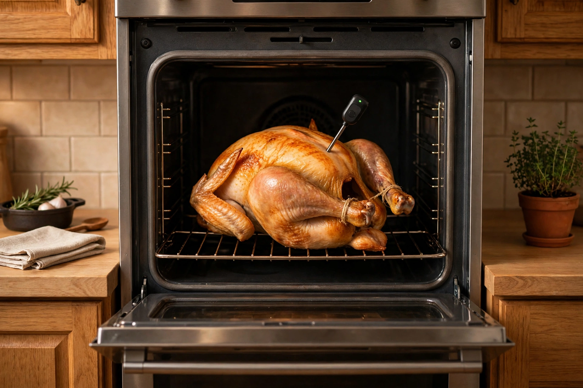 Wireless meat thermometer probe in a roasting chicken inside an oven