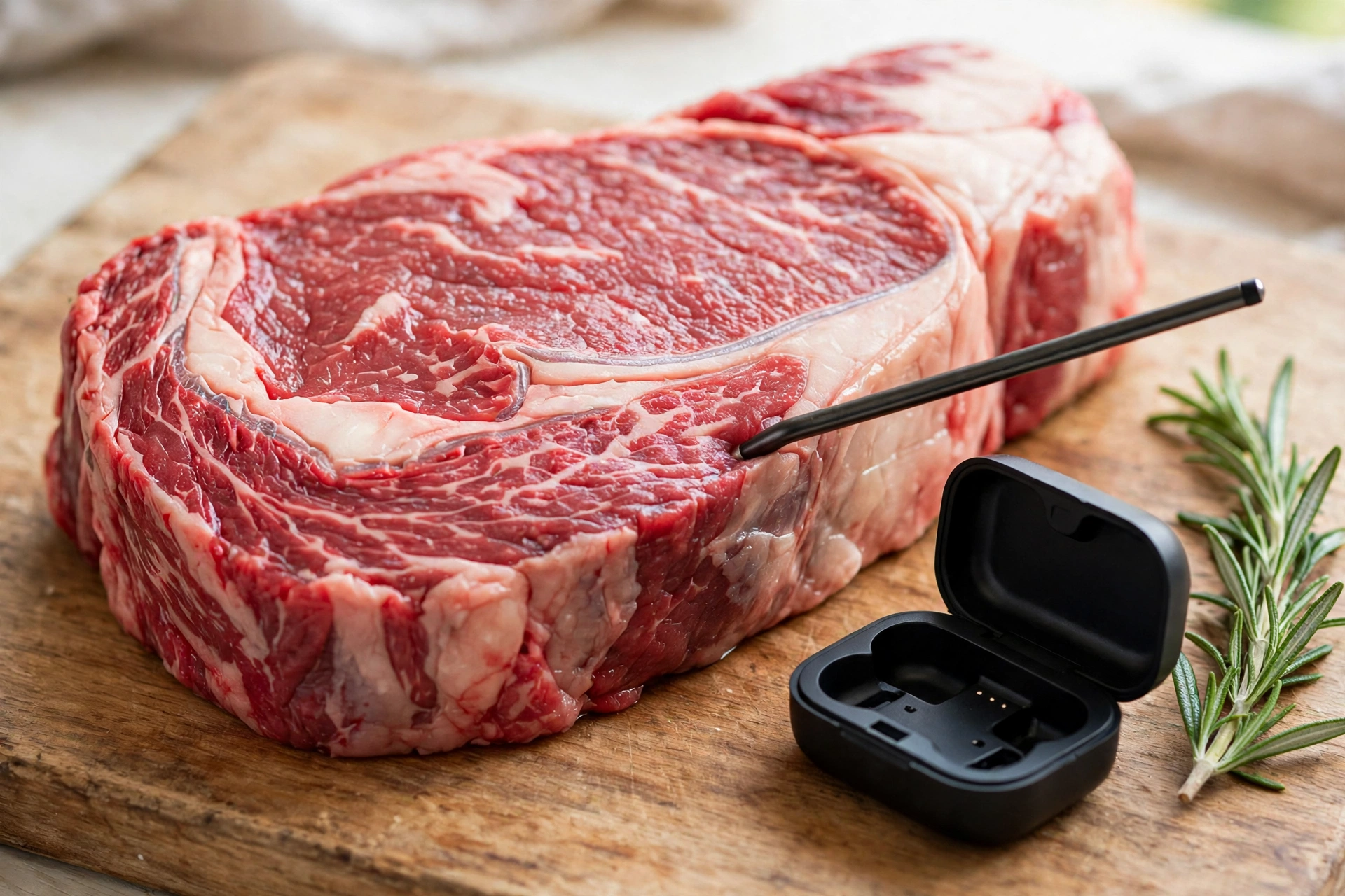 Wireless meat thermometer probe inserted into a raw steak on a wooden board